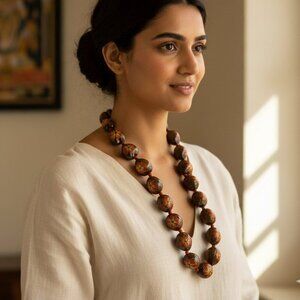 Hand-Painted Wooden Bead Statement Necklace - Boho & Artisan Style